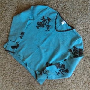 Light weight blue sweater w brown beaded flowers